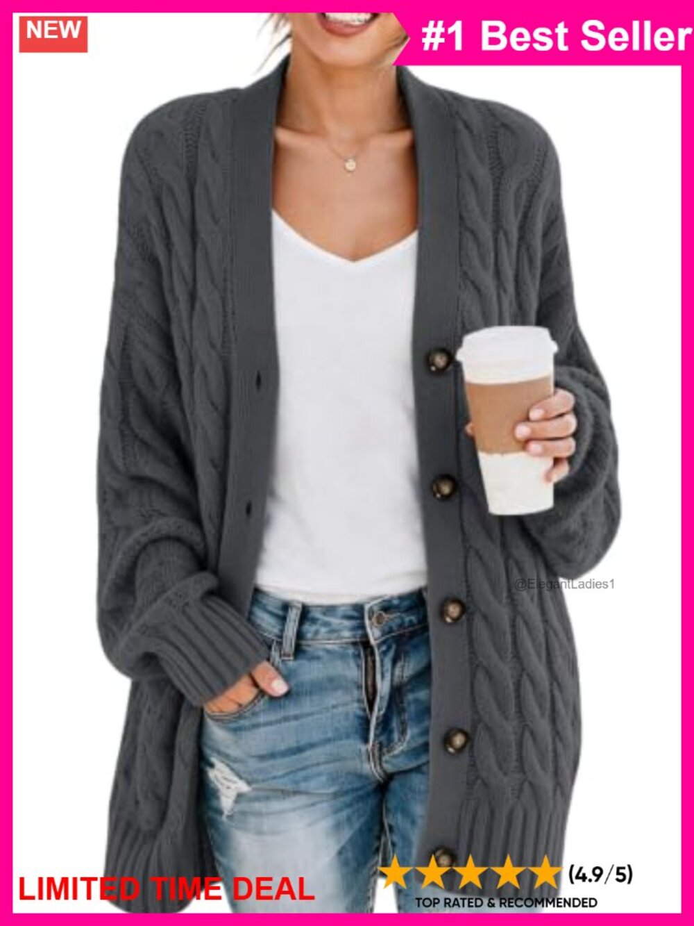 Cable Knit Button Down V-Neck Cardigan Long Sleeve Loose Fit